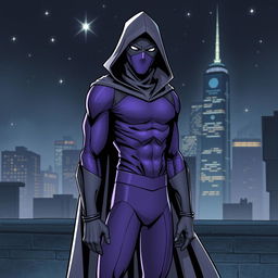An eye-catching superhero comic book cover featuring a thin, masked figure dressed in a sleek purple costume adorned with gray gloves