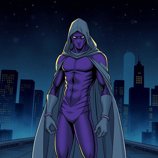 An eye-catching superhero comic book cover featuring a thin, masked figure dressed in a sleek purple costume adorned with gray gloves