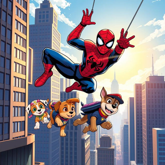 A vibrant comic book style illustration featuring Spiderman in his iconic red and blue suit swinging between skyscrapers in a bustling city