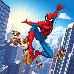 A vibrant comic book style illustration featuring Spiderman in his iconic red and blue suit swinging between skyscrapers in a bustling city