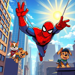 A vibrant comic book style illustration featuring Spiderman in his iconic red and blue suit swinging between skyscrapers in a bustling city