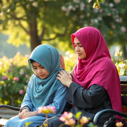 Two girls wearing hijabs, one of them looking sad while the other one empathizes with her