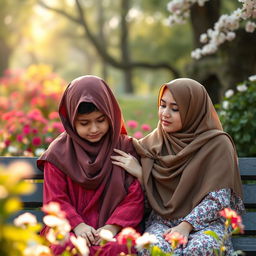 Two girls wearing hijabs, one of them looking sad while the other one empathizes with her