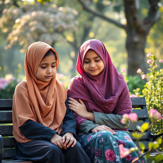 Two girls wearing hijabs, one of them looking sad while the other one empathizes with her