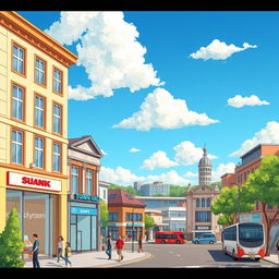 A detailed illustration of a bustling town center featuring a few banks, a supermarket, a gym, and a town hall, with the gym and town hall positioned directly opposite each other