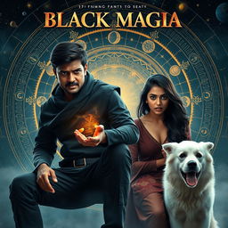 A cinematic magical fantasy film poster featuring a 27-year-old Indian man with a dark complexion and short hair, dressed in a striking black shrug and black cargo pants, engaged in a mysterious black magic ritual