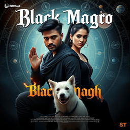 A cinematic magical fantasy film poster featuring a 27-year-old Indian man with a dark complexion and short hair, dressed in a striking black shrug and black cargo pants, engaged in a mysterious black magic ritual
