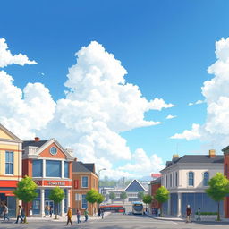A detailed illustration of a bustling town center featuring a few banks, a supermarket, a gym, and a town hall, with the gym and town hall positioned directly opposite each other
