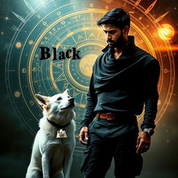 A cinematic magical fantasy film poster featuring a 27-year-old Indian man with a dark complexion and short hair, dressed in a striking black shrug and black cargo pants, engaged in a mysterious black magic ritual