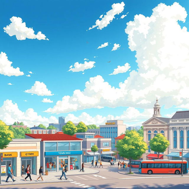 A detailed illustration of a bustling town center featuring a few banks, a supermarket, a gym, and a town hall, with the gym and town hall positioned directly opposite each other