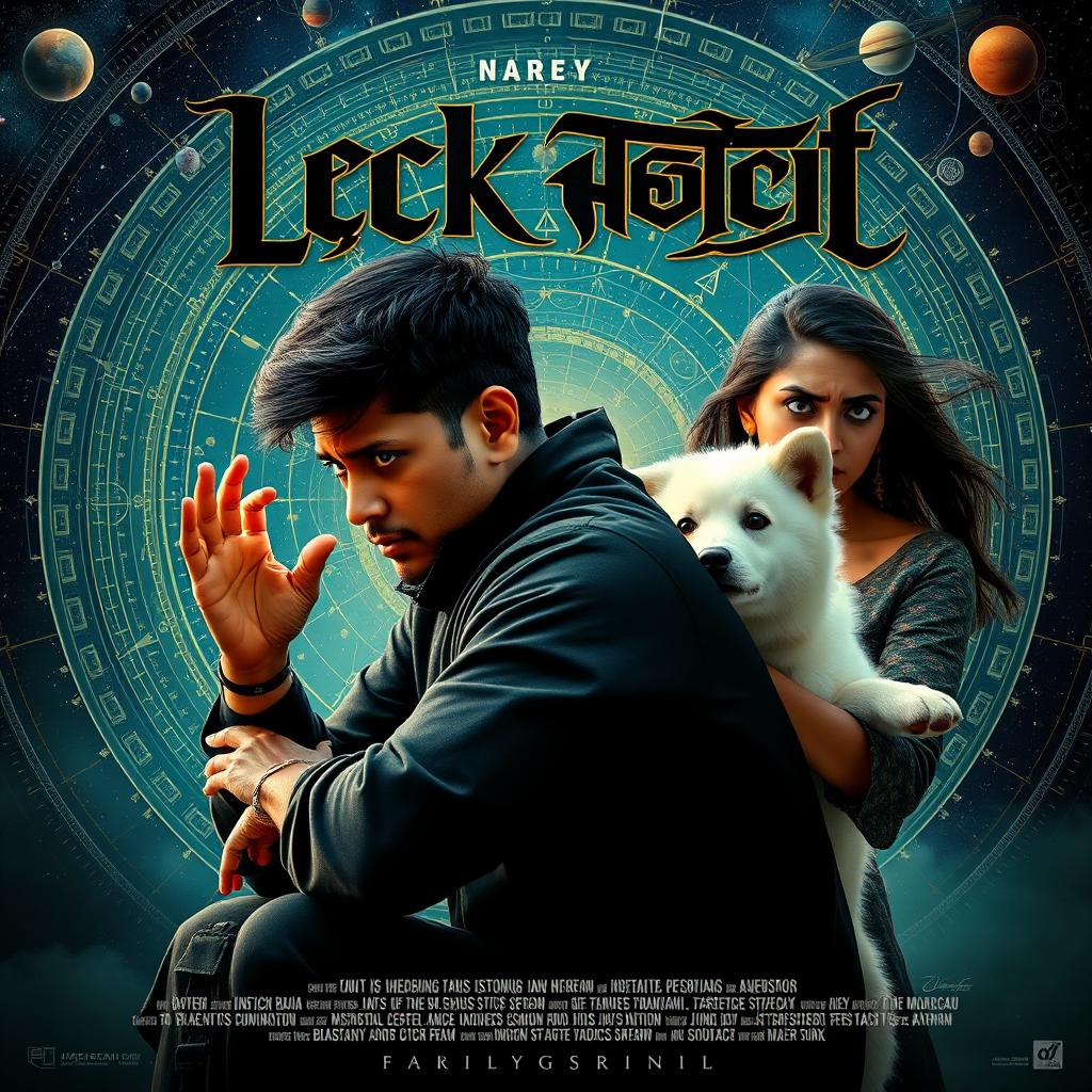 A cinematic magical fantasy film poster featuring a 27-year-old Indian man with a dark complexion and short hair, dressed in a striking black shrug and black cargo pants, engaged in a mysterious black magic ritual