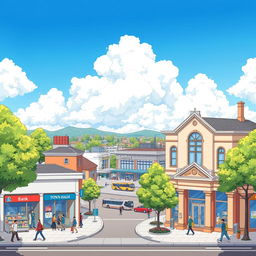 A detailed illustration of a bustling town center featuring a few banks, a supermarket, a gym, and a town hall, with the gym and town hall positioned directly opposite each other