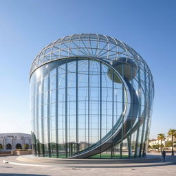 A glass building covered with a steel structure resembling the shape of the siwak plant and its round fruit