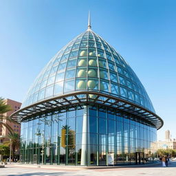 A glass building covered with a steel structure resembling the shape of the siwak plant and its round fruit