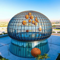 A glass building covered with a steel structure resembling the shape of the siwak plant and its round fruit