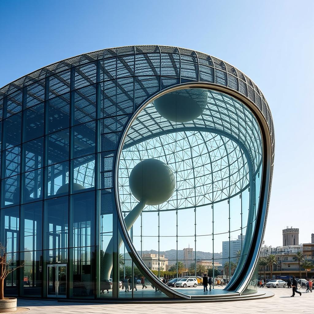 A glass building covered with a steel structure resembling the shape of the siwak plant and its round fruit
