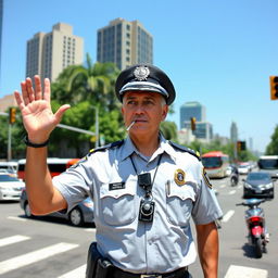 A confident police officer standing in the middle of a busy crossroad, wearing a classic police uniform with a badge