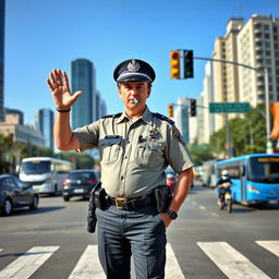 A confident police officer standing in the middle of a busy crossroad, wearing a classic police uniform with a badge