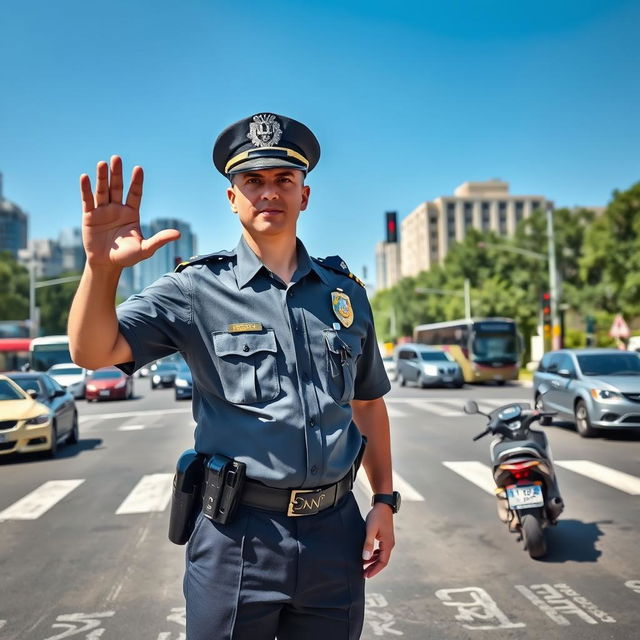 A confident police officer standing in the middle of a busy crossroad, wearing a classic police uniform with a badge