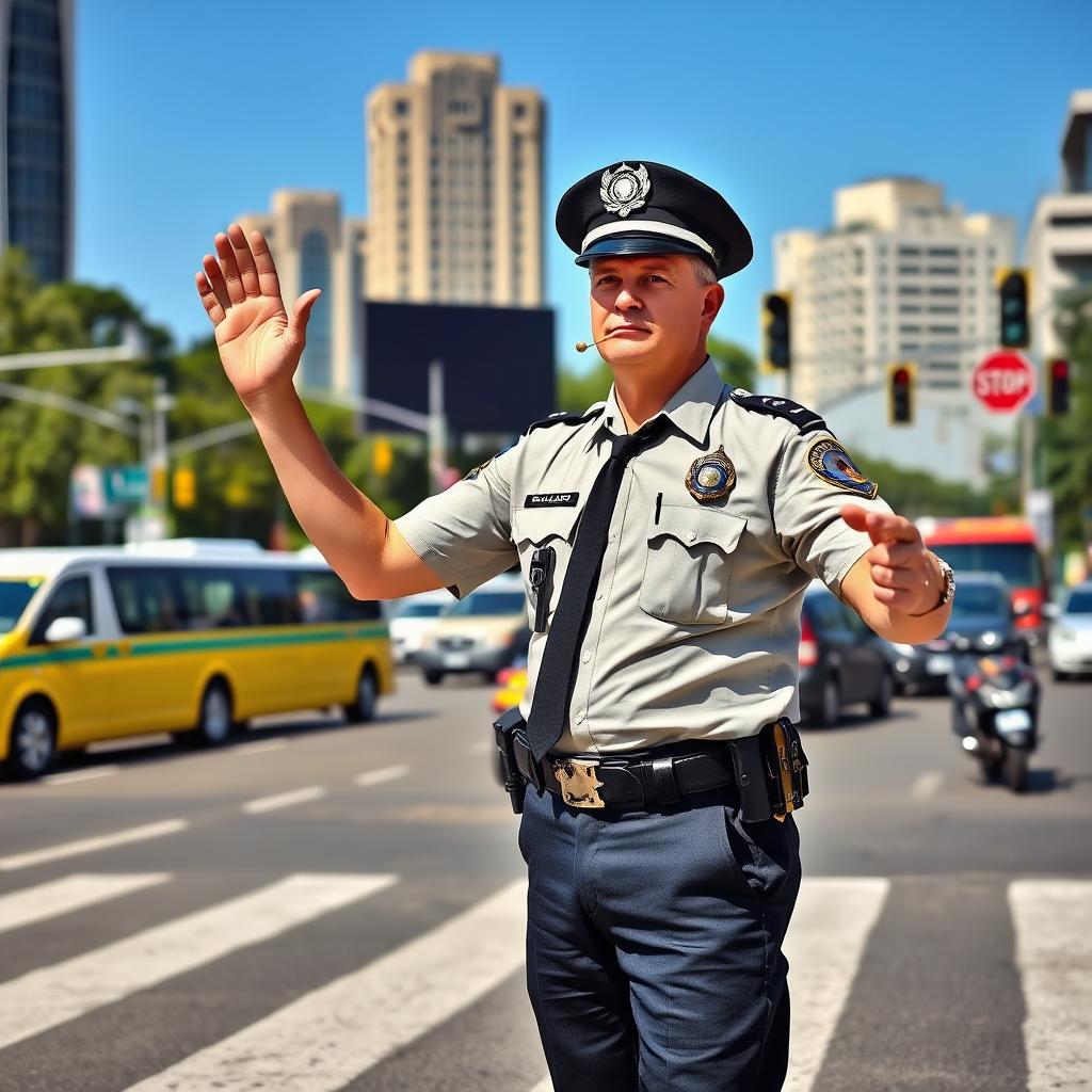 A confident police officer standing in the middle of a busy crossroad, wearing a classic police uniform with a badge