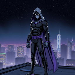 An engaging superhero comic book cover showcasing a thin, masked figure dressed in a striking black and purple costume, enhanced by a flowing gray hooded cloak