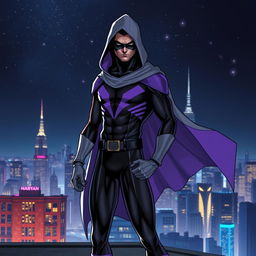An engaging superhero comic book cover showcasing a thin, masked figure dressed in a striking black and purple costume, enhanced by a flowing gray hooded cloak