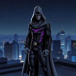 An engaging superhero comic book cover showcasing a thin, masked figure dressed in a striking black and purple costume, enhanced by a flowing gray hooded cloak