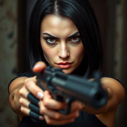 A young woman in her twenties with fair skin and shoulder-length black hair, piercing red eyes, and a sharp nose