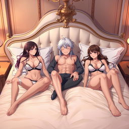 An anime character sitting on a luxurious bed surrounded by two beautiful Russian girls wearing stylish bras