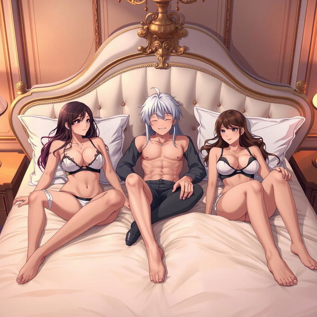 An anime character sitting on a luxurious bed surrounded by two beautiful Russian girls wearing stylish bras