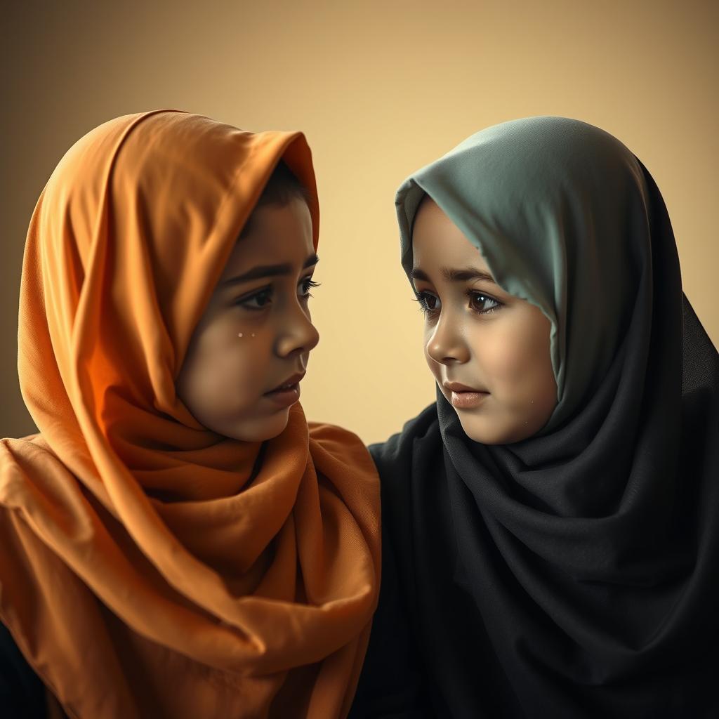 Two girls wearing hijabs, one of whom is crying with tears streaming down her face, while the other girl looks at her with empathy and concern