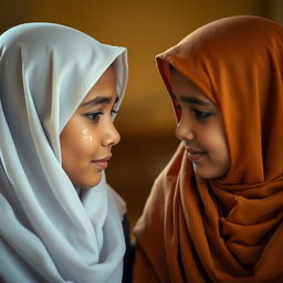 Two girls wearing hijabs, one of whom is crying with tears streaming down her face, while the other girl looks at her with empathy and concern