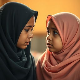 Two girls wearing hijabs, one of whom is crying with tears streaming down her face, while the other girl looks at her with empathy and concern