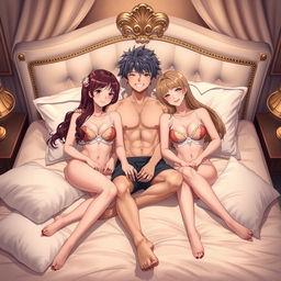 An anime character sitting on a luxurious bed surrounded by two beautiful Russian girls wearing stylish bras