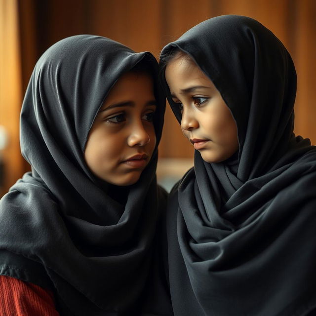 Two girls wearing hijabs, one of whom is crying with tears streaming down her face, while the other girl looks at her with empathy and concern