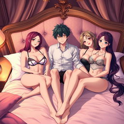 An anime character sitting on a luxurious bed surrounded by two beautiful Russian girls wearing stylish bras