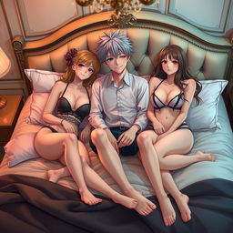 An anime character sitting on a luxurious bed surrounded by two beautiful Russian girls wearing stylish bras