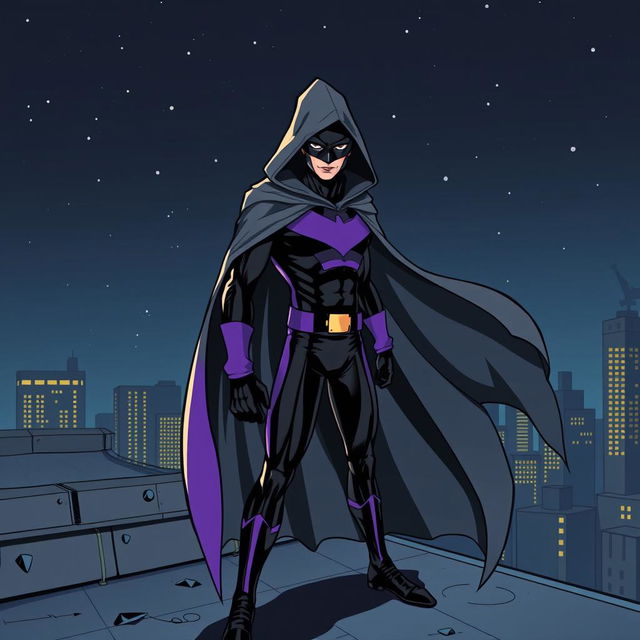 An intriguing superhero comic book cover featuring a thin, masked figure dressed in a striking black and purple costume, complemented by a flowing gray hooded cloak that billows dramatically