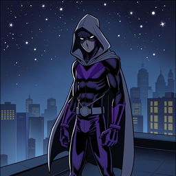 An intriguing superhero comic book cover featuring a thin, masked figure dressed in a striking black and purple costume, complemented by a flowing gray hooded cloak that billows dramatically