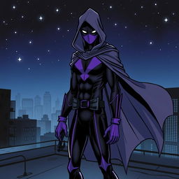 An intriguing superhero comic book cover featuring a thin, masked figure dressed in a striking black and purple costume, complemented by a flowing gray hooded cloak that billows dramatically
