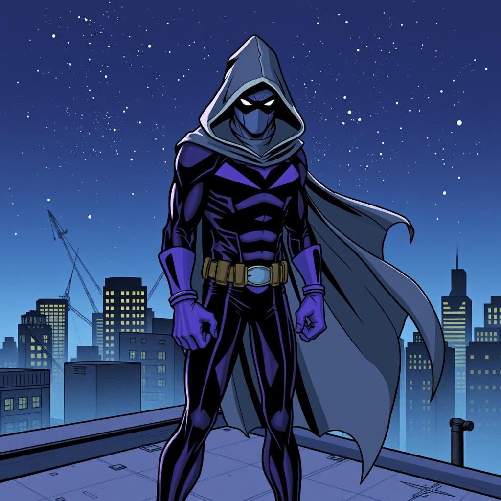 An intriguing superhero comic book cover featuring a thin, masked figure dressed in a striking black and purple costume, complemented by a flowing gray hooded cloak that billows dramatically