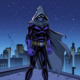 An intriguing superhero comic book cover featuring a thin, masked figure dressed in a striking black and purple costume, complemented by a flowing gray hooded cloak that billows dramatically