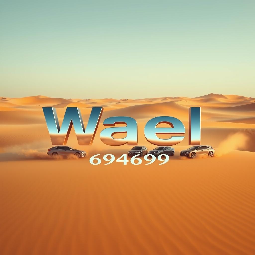 The name 'Wael' displayed prominently in a large, clear font at the center of a vast desert landscape, with the name '96946993' positioned below it in a similarly large, clear font