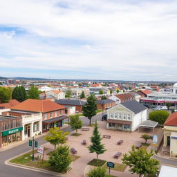 A quaint town centered around essential buildings like a few banks, a supermarket, a gym, and a town hall, portraying a warm and inviting atmosphere