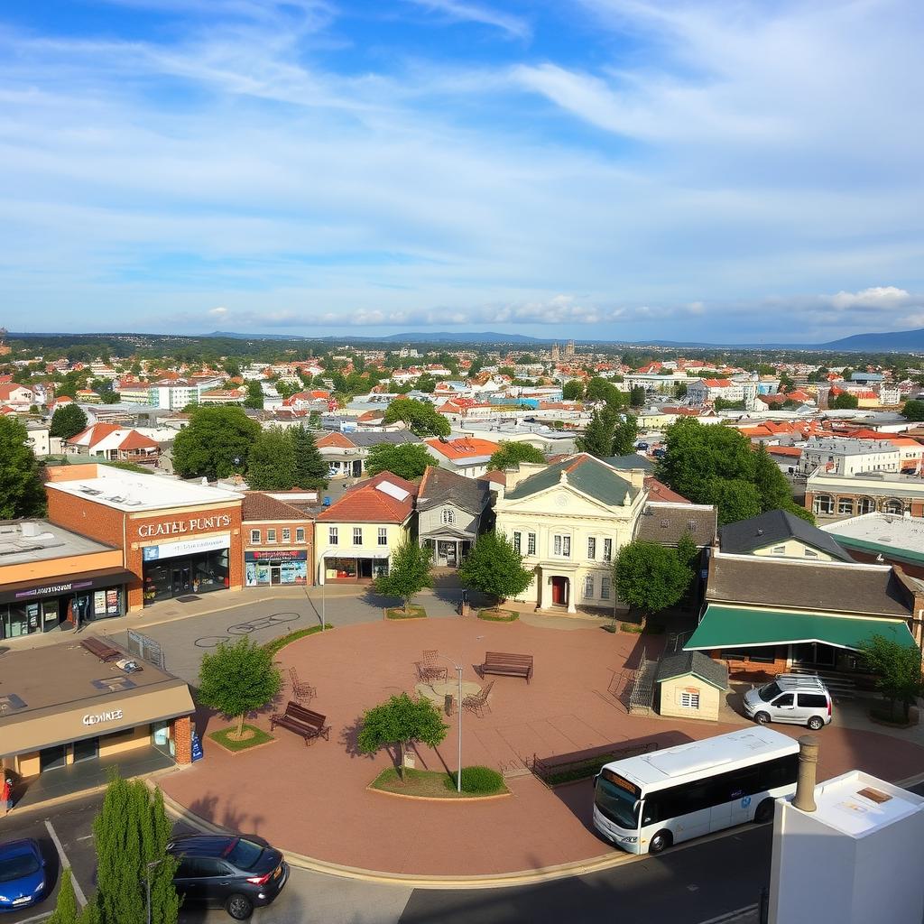 A quaint town centered around essential buildings like a few banks, a supermarket, a gym, and a town hall, portraying a warm and inviting atmosphere