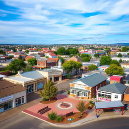 A quaint town centered around essential buildings like a few banks, a supermarket, a gym, and a town hall, portraying a warm and inviting atmosphere
