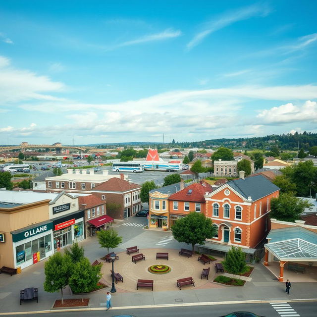 A quaint town centered around essential buildings like a few banks, a supermarket, a gym, and a town hall, portraying a warm and inviting atmosphere