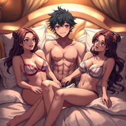 An anime character playfully interacting with two alluring Russian girls, both wearing stylish bras