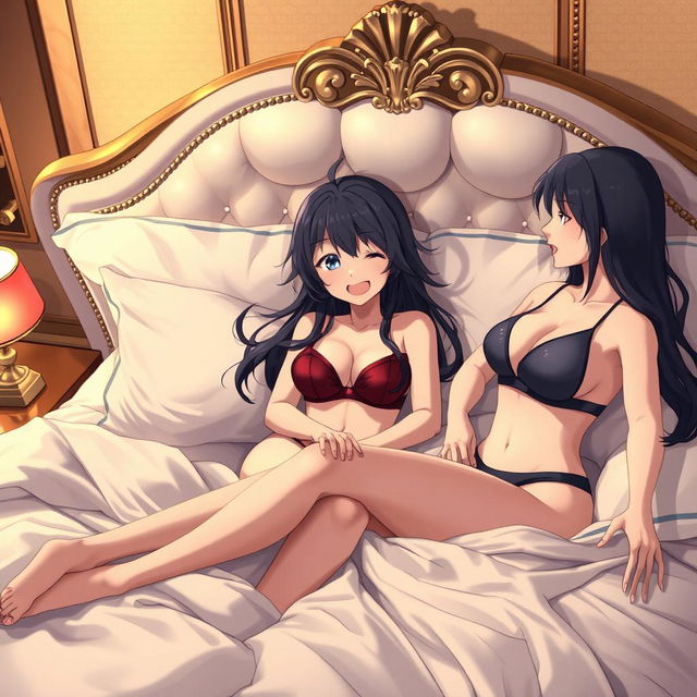 An anime character playfully interacting with two alluring Russian girls, both wearing stylish bras