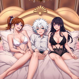 An anime character playfully interacting with two alluring Russian girls, both wearing stylish bras
